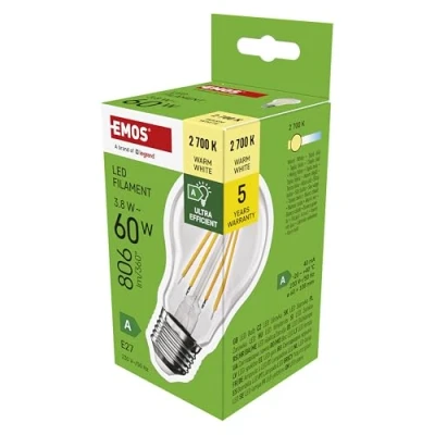 Obrázek EMOS LED lampa Filament A60 A třída vintage žárovka patice E27 teplá bílá 806 lm extra úsporná, 3,8 W (místo 60W žárovky) 50 000 hodin úhel 300 CRI min. 80