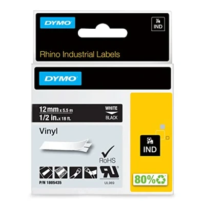 Obrázek DYMO Průmyslové vinylové etikety Rhino 12 mm x 5,5 m bílé na černé samolepicí páska pro a LabelManager popisovací přístroj