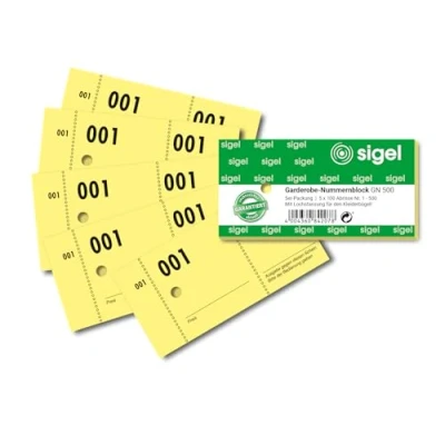 Obrázek Sigel GN500 šatní číselné bloky s děrováním, 500 bonů (průběžně očíslované od 1 do 500, 10,5 x 5 cm), celkem bloků, z udržitelného papíru