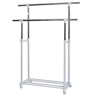 Obrázek LOVE IT STORE věšák na šaty kolečkách dvojitá výškově nastavitelná šatní tyč stabilní a po stranách vytahovací bílá/chrom moderní skříň