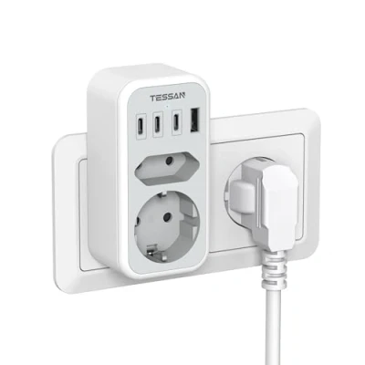 Obrázek TESSAN dvojitá zástrčka do zásuvky, adaptér zásuvky se 3 USB C, vícenásobná 3600 W, zásuvka pro telefon, 4 USB, 2 přihrádky zásuvkový rozdělovač,
