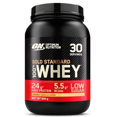 Obrázek Optimum Nutrition Gold Standard 100% syrovátkový proteinový prášek pro růst a regeneraci svalů s přirozeně se vyskytujícím glutaminem aminokyselinami BCAA, francouzskou vanilkou, 30 porcí, 900 g