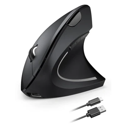 Obrázek TECKNET ergonomická myš bezdrátová, 2,4G USB optická vertikální s nabíjecím kabelem, 800/1600/2400/3200/4800 DPI, tichá bezdrátová se 6 tlačítky pro Windows a Mac OS