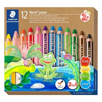 Obrázek STAEDTLER Pastelka Noris Junior 3v1, barevná, vosková a akvarelová tužka, extra nerozbitná, ideální pro děti, na mnoho povrchů, kartonové pouzdro s 12 barvami vč. ořezávátka, 140 C12
