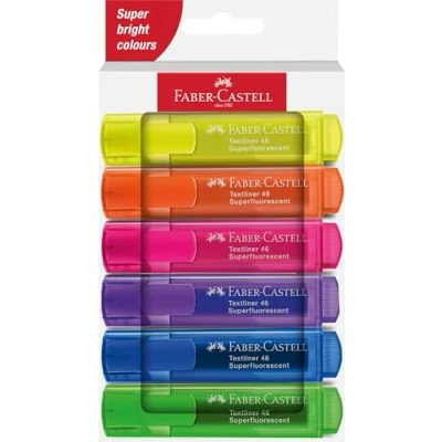 Obrázek FABER CASTELL 254646 sada zvýrazňovačů 46, 6dílná pouzdra, neonové barvy, s trvanlivým klínovým hrotem, šířka linky 1 5 mm, doplňovací