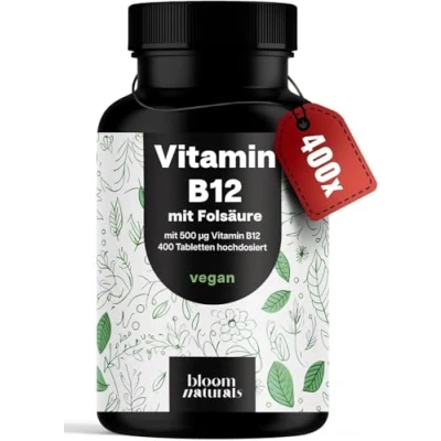 Obrázek Vysoká dávka vitaminu B12 400 tablet s 500µg Vit + 200µg kyseliny listové certifikováno laboratorně testováno veganské a vyrobeno v Německu