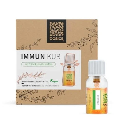 Obrázek basics IMMUN KUR měsíční kúra, lahvičky 30 x 10 ml imunitní systém posiluje 15x komplex vitamínů ve vysokých dávkách, veganské s minerálními látkami podporuje a energetický