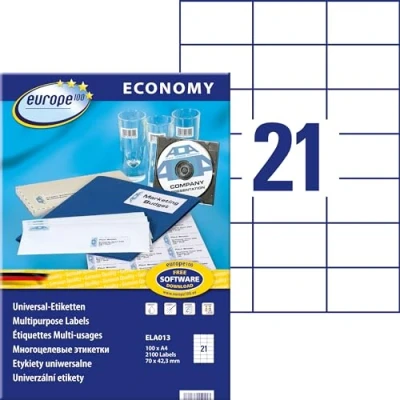 Obrázek Europe100 zboží ELA013 adresní nálepky (2. 100 lepicích štítků, 70 x 42,3 mm na A4, papír matný, individuálně potisknutelné, samolepicí etikety, kompatibilní s AVERY 3652) listů, bílé