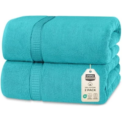 Obrázek Utopia Towels 2 velké osušky z bavlny s věšákem, ručníky do sauny, koupelny velké, 90 x 180 cm (tyrkysová)