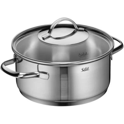 Obrázek Silit hrnec na vaření achátu, malý 20 cm, skleněná poklice, smažení, indukční 2,5 l, nerezová ocel částečně matná, bez povrchové úpravy, vhodný do trouby