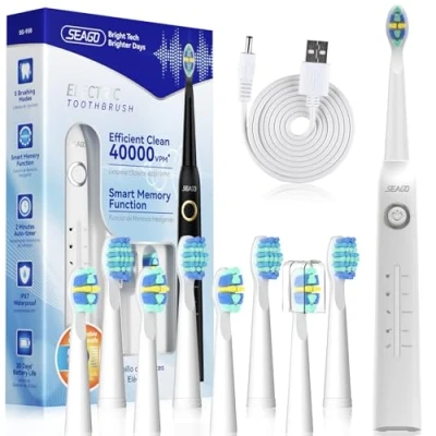 Obrázek Seago Elektrische Zahnbürste, Schallzahnbürste mit 40000VPM weißen Ihre Zähne in zwei Wochen, USB wiederaufladbar, persönlichen 5 Modi und 8 Köpfen, Schallzahnbürste, SG 958(Weiß)