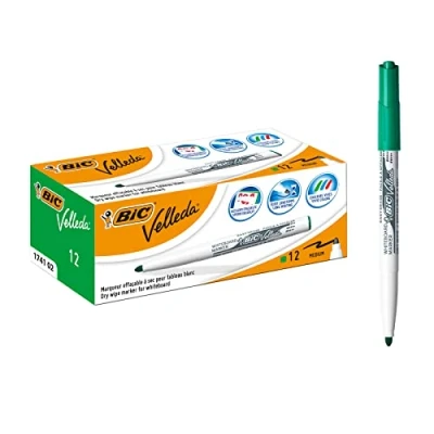 Obrázek BIC Popisovače na bílé tabule Velleda, balení 12 ks, v zelené barvě, s kulatým hrotem, tloušťka čáry: 1,4 mm, bez zápachu, kompaktní velikosti