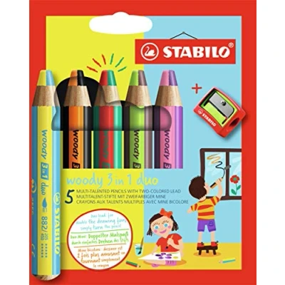 Obrázek STABILO duo pastelky, vodová barva a voskovka woody 3 v 1 dvoubarevná náplň 5 ks balení s ořezávátkem tužkami 10 různými barvami