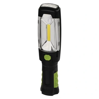 Obrázek EMOS COB LED pracovní světlo/lampa do dílny s magnetem a háčkem, doba svícení 40 hodin, světelný tok 160 lumenů, dosah světla 20 m, provoz na baterie, černá, zelená, 24,5 x 5,5 40,5 cm, P4518