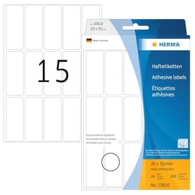 Obrázek HERMA 10610 víceúčelové etikety odstranitelné, 360 kusů, 20 x 50 mm, 15 na arch, samolepicí, štítky pro domácnost k popisování, matné, prázdné papírové lepicí nálepky, bílé