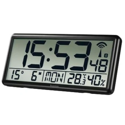 Obrázek Hama Digitální nástěnné hodiny XL s rádiem (digitální teploměrem a vlhkoměrem, velké rádiové datem dnem v týdnu, dobře čitelné k zavěšení postavení, vč. baterie)