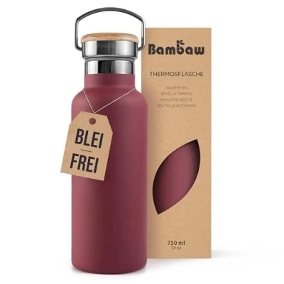 Obrázek Bambaw Thermosflasche 750 ml, Trinkflasche Rot, Sport Edelstahl, Heiß und Kalt, Flasche Spülmaschinenfest, Wasserflasche Für Unterwegs Kirschrot