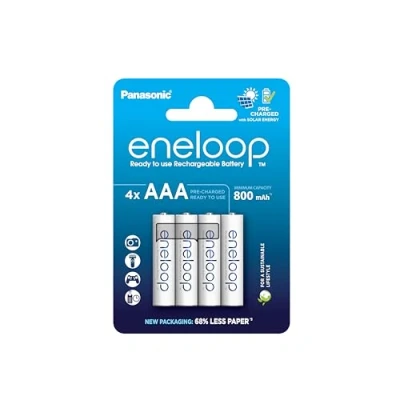 Obrázek eneloop, AAA/Micro NI MH baterie, 4dílné balení, kapacita s min. 800 mAh, Ready to Use akumulátory, dobíjení až 2000krát, balení bez plastů, standardní, bílá