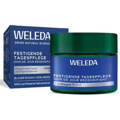 Obrázek WELEDA Bio zpevňující denní péče Modrý hořec a protěž přírodní kosmetika Natural Anti Aging pleťový krém/hydratační krém redukuje hluboké vrásky pigmentové skvrny (veganské, 40 ml)