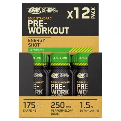Obrázek Optimum Nutrition Gold Standard Pre Workout Energy Shot, připravený k pití s beta alaninem, kofeinem, perforMelon Boost a vitamínem B6 B12, příchuť citrónu limetky, 12 ks v balení, x 60 ml