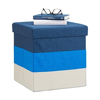 Obrázek Relaxdays polstrovaná stolička s úložným prostorem, pruhovaná taburet, skládací V x H: 38 cm, modro bílá