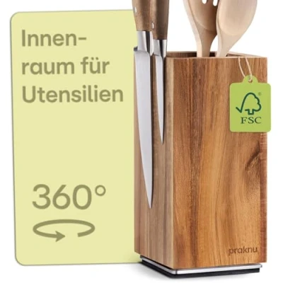 Obrázek Praknu Messerblock Magnetisch 360 drehbar ohne Messer FSC® Akazienholz mit Platz für Küchenutensilien Beidseitiger starker Magnet Rutschfest