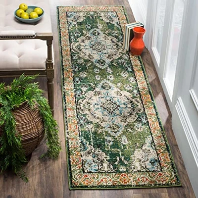 Obrázek SAFAVIEH Boho Teppich für Wohnzimmer, Esszimmer, Schlafzimmer Monaco Collection, Kurzer Flor, Waldgrün und Hellblau, 66 X 183 cm