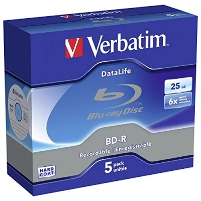 Obrázek Verbatim BD R SL Blu Ray polotovary, Datalife disk s 25GB datovou pamětí, kompatibilní přehrávači a hořáky všech výrobců, balení 5 ks