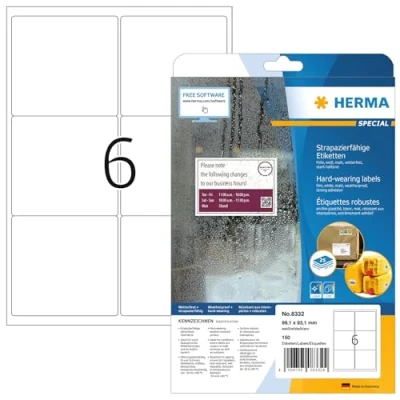 Obrázek HERMA 8332 Přepravní etikety odolné proti povětrnostním vlivům, 25 listů, 99,1 x 93,1 mm, 6 pro arch A4, 150 kusů, samolepicí, potištěné, matné, prázdné adresní štítky z fólie, bílé