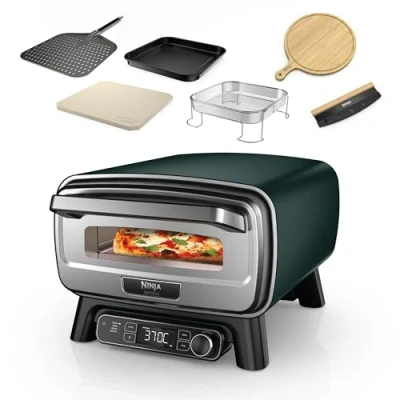 Obrázek Ninja Outdoorová pec Artisan a horkovzdušná fritéza, 4 funkce, servírovací prkénko, nůž na kolébku pizzu, 30cm pizza, miska plech pečení horkovzdušný koš, zelený MO201AMZEU