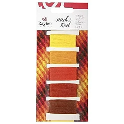 Obrázek Rayher Bavlněná příze 53564210 &quot;Stitch &amp; Knot&quot;, oranžová/žlutá odstíny, 5 barev po 10 m (50 m), sada přízí křížkovým stehem, vyšívací příze, pro náramky přátelství