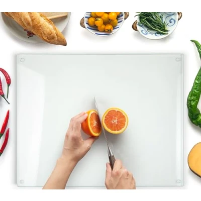 Obrázek Kitchenville Skleněné prkénko 50 x 40 cm hygienické z tvrzeného skla odolné vůči teplu, proti poškrábání a protiskluzové skleněná deska do kuchyně transparentní design