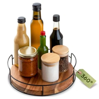 Obrázek Praknu otočný talíř Lazy Susan dřevo z trvale udržitelného akátového dřeva FSC® do kuchyně o 360 protiskluzová podložka 23 cm regál na koření