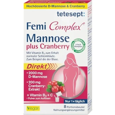 Obrázek tetesept Femi Complex® Mannose plus brusinka 1 x 8 sáčků k zachování normálních sliznic díky vitaminu B3 prášek s 2000 mg D manózy