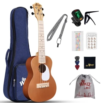 Obrázek Winzz sada ukulele pro dospělé, začátečníci, koncertní 23 palců, děti začátečníky s 9 doplňky (barva: hnědá, dřevo)