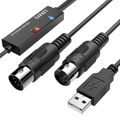 Obrázek LEKATO USB MIDI Kabel Interface Konverter, 5 Polig In Out zu Adapter für Controller/E Piano 6.5FT