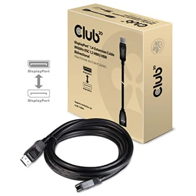 Obrázek Club 3D DisplayPort 1. 4 Prodlužovací kabel 8K60Hz DSC1. 2 HBR3 HDR obousměrný konektor/zdířka 3m