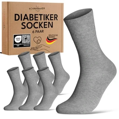 Obrázek diabetické ponožky bez gumového pásku &amp; švu 97% bavlna (6 párů), s komfortním pasem pro dámy a pány, Šedá