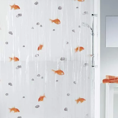 Obrázek Spirella Sprchový závěs proti plísním, zlatá rybka, antibakteriální, omyvatelný, vodotěsný vinyl, 180 x 200 cm, bílý