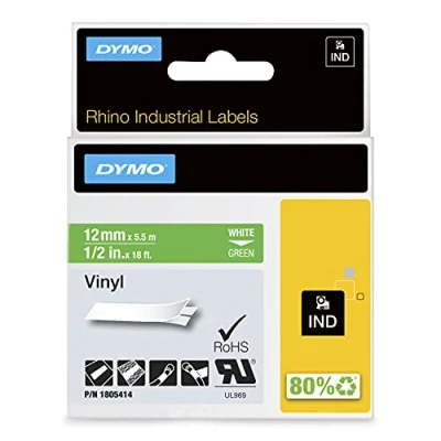 Obrázek DYMO Průmyslové vinylové etikety Rhino 12 mm x 5,5 m bílé na zelené samolepicí páska