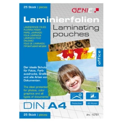 Obrázek Genie Laminovací fólie 10781 (průhledná; 80 mikronů; formáty až DIN A4; vhodné pro všechny horké laminační přístroje) balení 25 ks