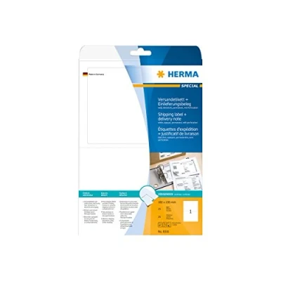 Obrázek HERMA 8316 Přepravní etikety s dokladem o dodávce neprůhledné, 25 listů, 182 x 130 mm, 1 na arch A4, kusů, samolepicí, potisknutelné, matné, prázdné papírové adresní štítky samolepky, bílé