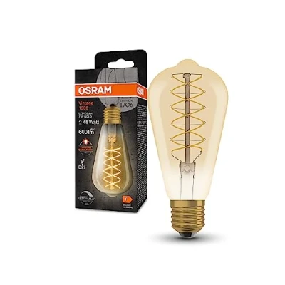 Obrázek OSRAM Vintage LED lampa 1906 se zlatým odstínem, 7 W, 600 lm, tvar Edison s průměrem 64 mm a paticí E27, teplá bílá barva světla, spirálové vlákno, stmívatelná, životnost až 15 000 hodin