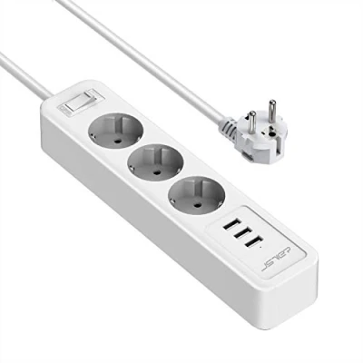 Obrázek JSVER zásuvková lišta 3 přihrádky s USB nabíjecími přípojkami, vícenásobná zásuvka montáž na stěnu (3680 W) (5 V 2,4 A, 12 2M kabelem pro smartphony, laptop, iPAD bílá