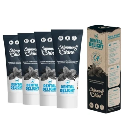 Obrázek DENTAL DELIGHT Shimmery Shine zubní pasta, veganská pasta s příchutí, vyrobeno v Německu (máta aktivním uhlím, balení 4 ks)