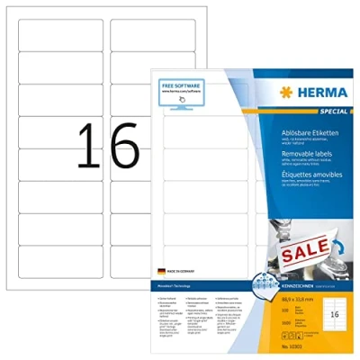 Obrázek HERMA 10303 univerzální etikety odstranitelné, 100 listů, 88,9 x 33,8 mm, 16 na arch A4, 1600 kusů, samolepicí, potisknutelné, matné, prázdné papírové lepicí samolepky, bílé