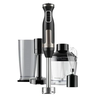 Obrázek Black+Decker Stabmixer BXHBA1500E 1500 Watt 20 Geschwindigkeiten Turbo Edelstahl Spritzschutz Inklusive Pürieraufsatz, Schneebesen, Zerkleinerer und Messbecher