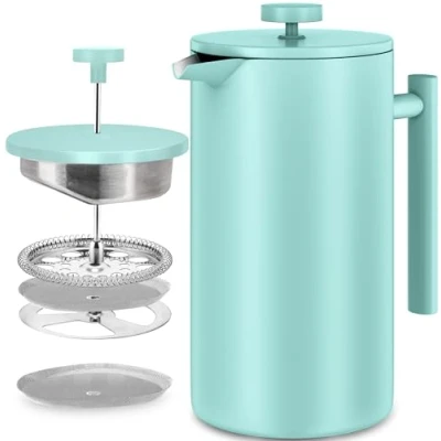 Obrázek KICHLY French Press Kaffeebereiter 34 Oz 1000 ml (4 Kaffeebecher / 8 Kaffeetassen) Kaffeemaschine mit dreifachem Edelstahlfilter &amp; isolierten Wänden Himmelblau