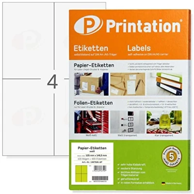 Obrázek Printation Univerzální etikety 105 x 148 mm, 400 samolepicích štítků, 4 samolepicí štítky A6 na listu, 100 listů A4, přepravní štítky, zásilková nálepka k potisku