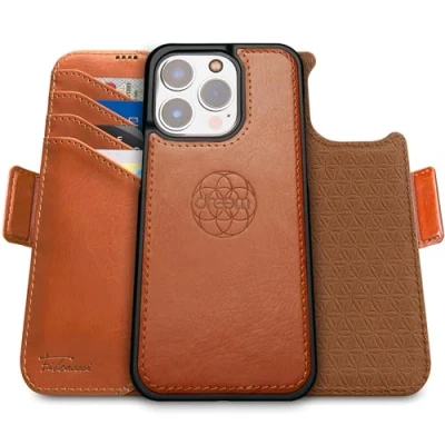 Obrázek Dreem Fibonacci iPhone 15 pro Max pouzdro na peněženku / 2 v 1 nárazuvzdorné MagSafe a odnímatelné luxusní veganské kožené fólie s RFID ochranou karty stojanem; ženy muže karamel